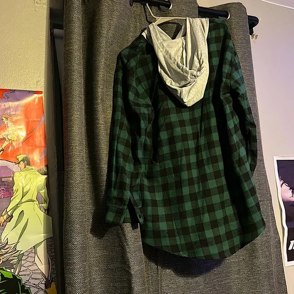 Flannel Button Up Drawstring Hoodie - Picture 2 of 7